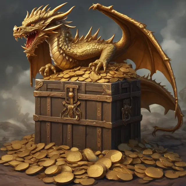 Dragon with piles of gold coins illustrating a powerful company