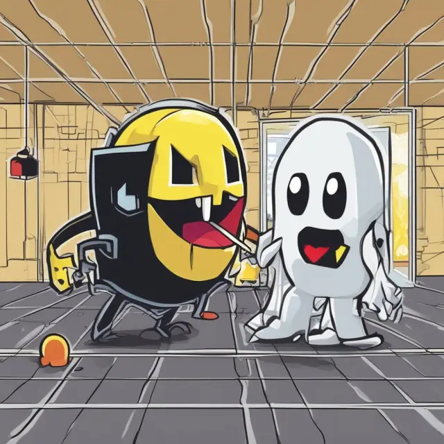 Pac-Man character consumes a ghost symbolizing an acquiring firm during a hostile takeover attempt, embodying the Pac-Man defense strategy