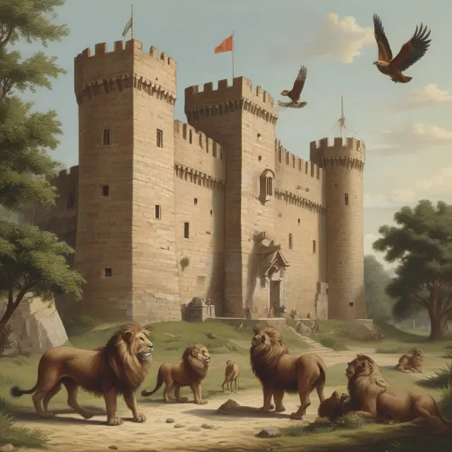 Fortified castle with lion and eagle guards ensuring secure mobile transactions with Paga