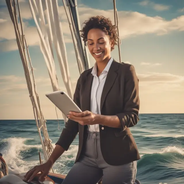 A business owner calmly navigating a digital sea, guided by Paga