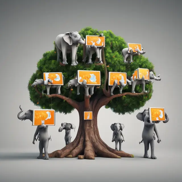 Five elephants, symbolizing stability, hold tablets representing M-Pesa, MTN Mobile Money, Airtel Money, and Orange Money while gathered around a digital tree representing financial growth