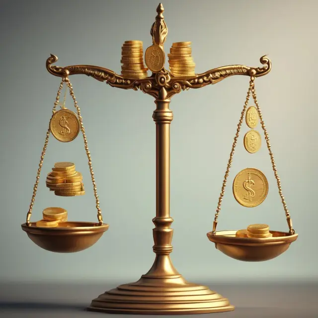Gold coins represent par value, while silver coins symbolize additional capital, balanced on a traditional scale.