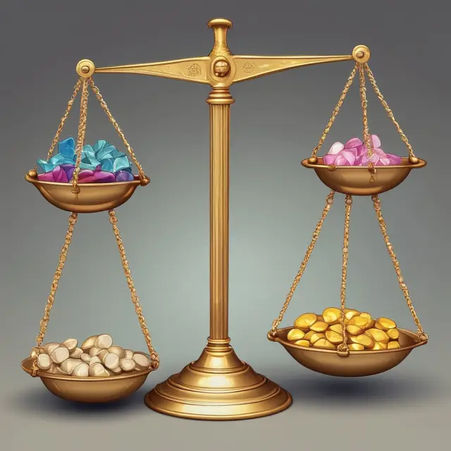 Golden balance scale representing recorded paid-in capital: par value coins plus precious gems (additional paid-in capital)