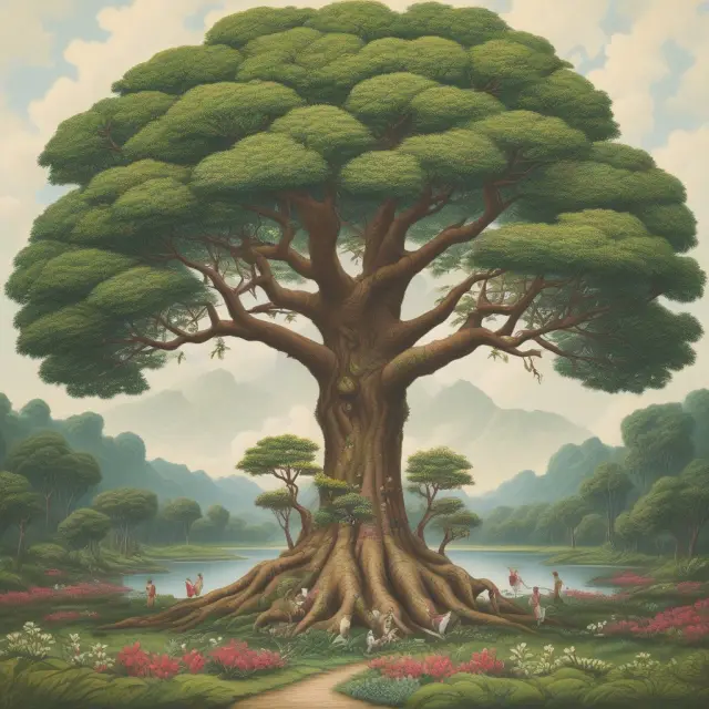 A dividend river waters a large, flourishing tree representing Paid-Up Additional Life Insurance (PUA), grown in a mutual insurance company garden