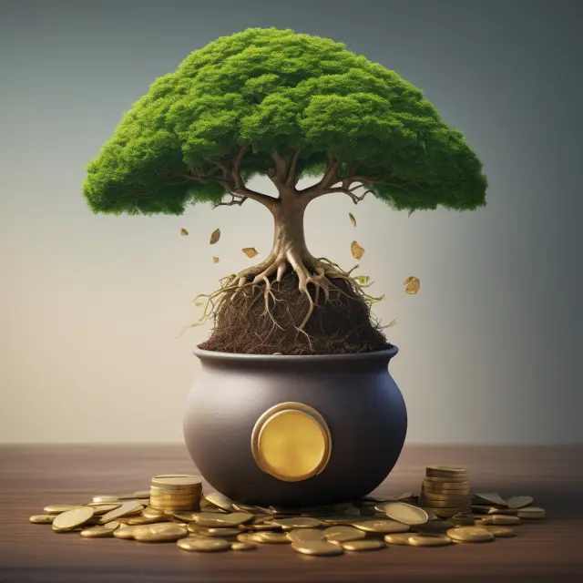 A tree with deep roots growing in a pot filled with golden coins, symbolizing the role of a financial advisor in fostering long-term growth and stability