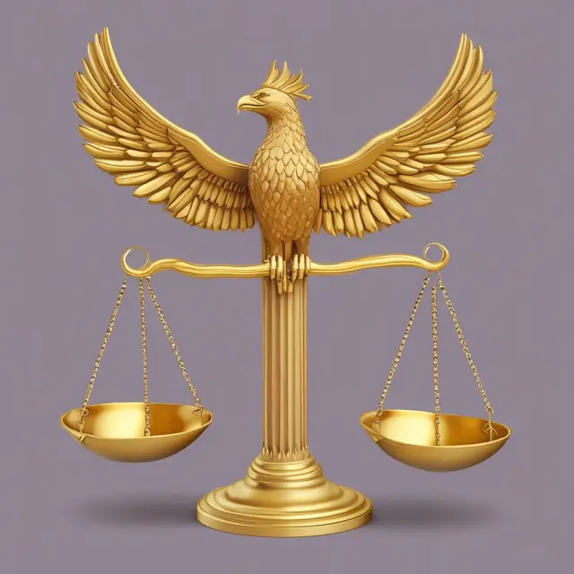 Golden scales illustrating equity (phoenix) versus debt balance, symbolizing company financial health