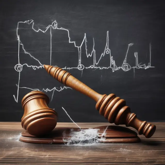 A gavel striking a chalkboard with painted stock price trends being erased, representing the fight against market manipulation and penalties for painting the tape