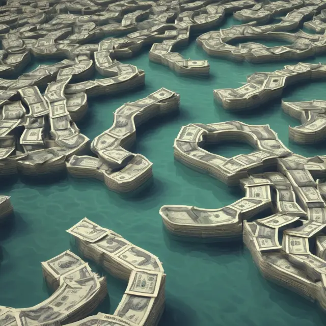 A dynamic, winding river filled with interconnected banknotes representing the history and adaptability of fiat currencies.