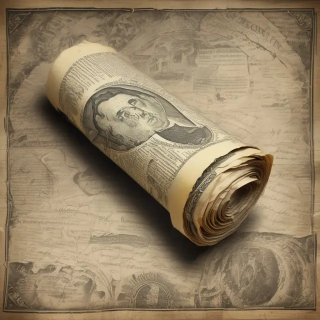 A long, scroll-like image of U.S. banknotes representing history