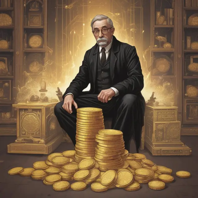 Central bank figure safeguarding gold coins on a digital ledger, symbolizing control over physical and digital currency