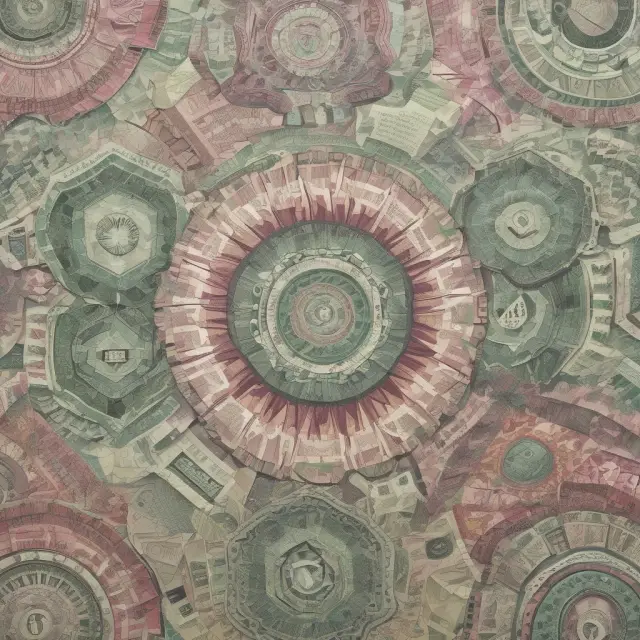 An intricate image showing various generations of paper money with embedded security features, including watermarks, holograms, and microprinting.