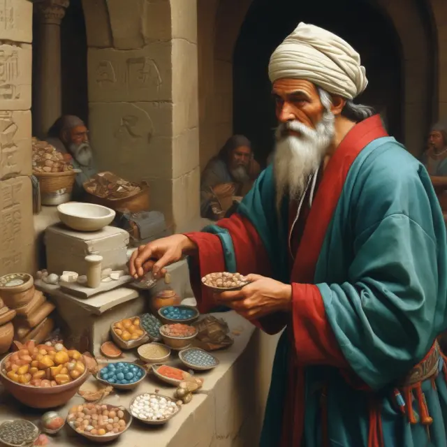 An ancient trader exchanging emeralds and rubies for stock exchange shares in a bustling marketplace