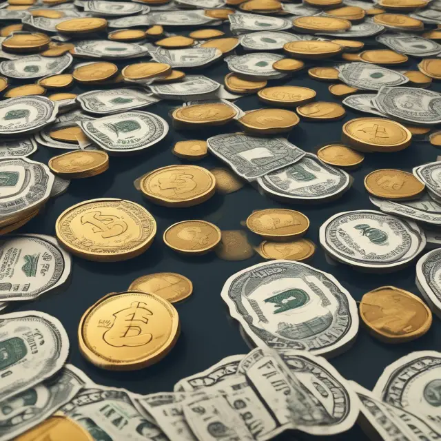 A golden coin melting into a river flowing with paper money, representing the transformation from commodity to fiat currency.