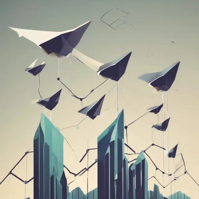 A scene of five paper planes representing various investment strategies (Momentum, Value, Trend Following, Options, and Fundamental Analysis) soaring above a digital stock market ticker tape