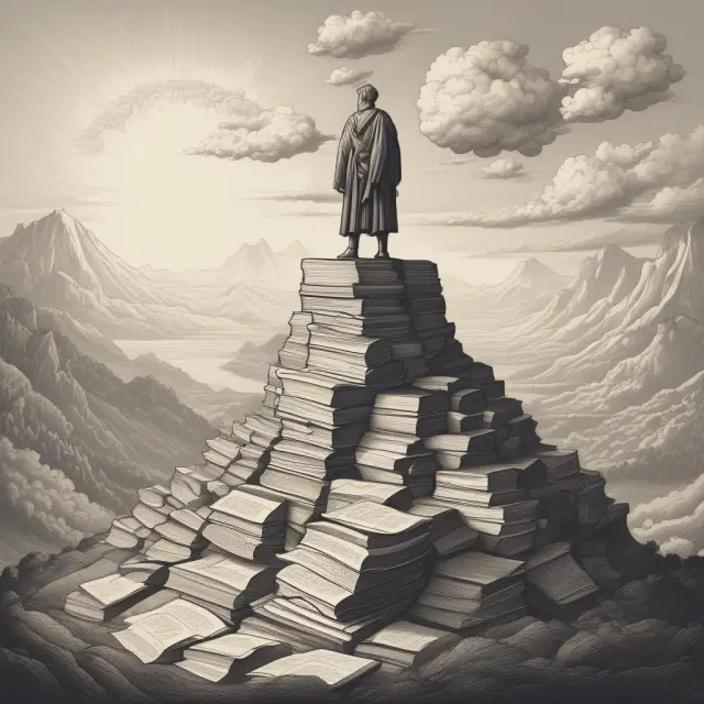 Investor on a mountain peak, preparing for successful paper trading with a spreadsheet and parchment