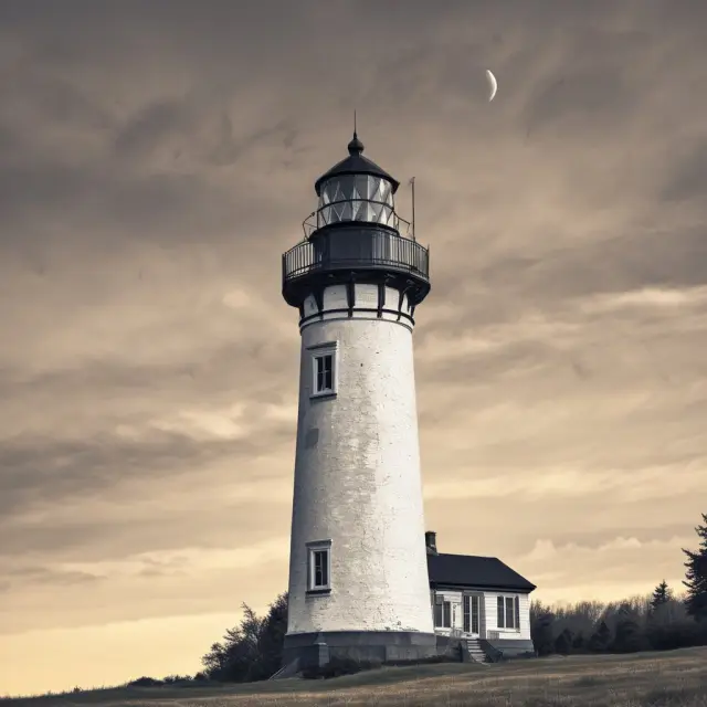 A lighthouse with a Parabolic SAR indicator beacon guiding investors through stormy stock market seas