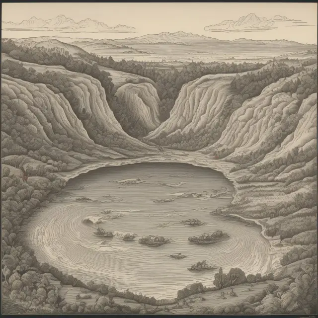A circular riverbank representing income and expenditure in the circular flow model; savings (stones) ebbing and flowing, affecting current spending levels.