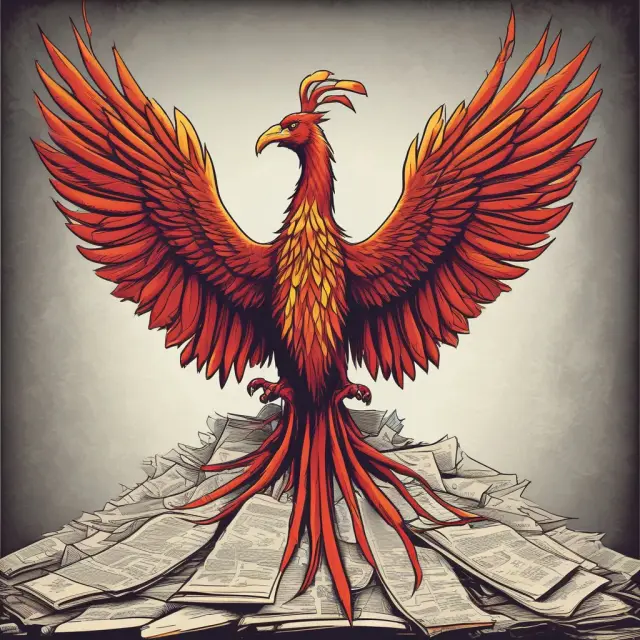 The Phoenix rises from a mound of economic papers, representing government stimulus during an economic downturn, boosting aggregate demand and creating employment opportunities.