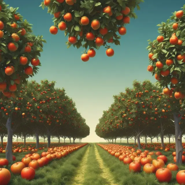 Apples and oranges landscape representing the Production Possibility Frontier (PPF), illustrating efficient resource allocation along an economy