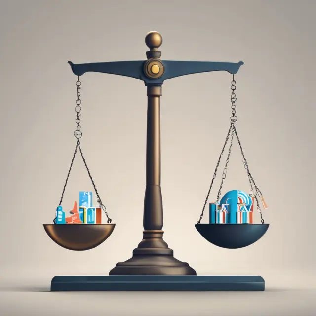 Visualization of a balanced scale with various economic sectors, representing resource allocation and Pareto improvements.
