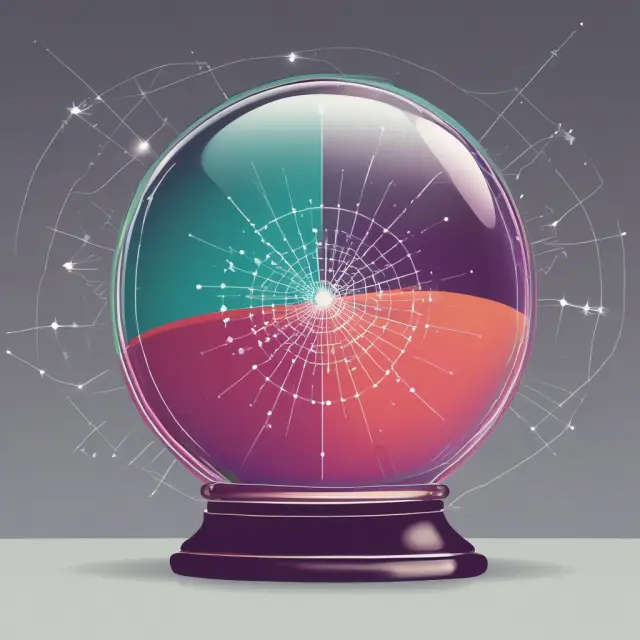Crystal ball brimming with glowing data points forming a Pareto chart, signifying the continued importance of the Pareto Principle in data-driven worlds.