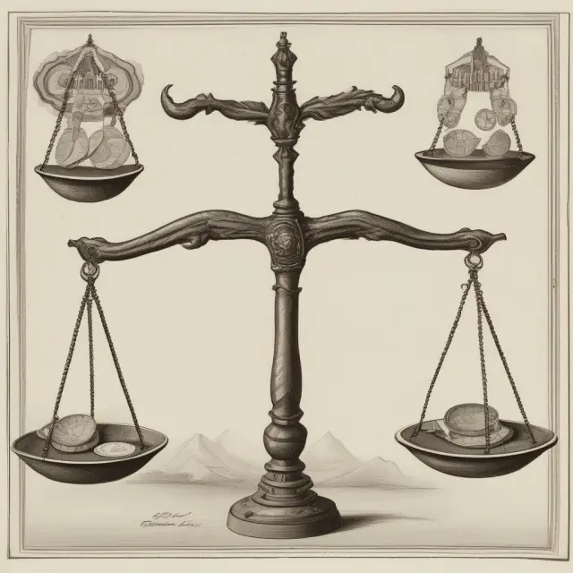 Scales depicting pari-passu (equal footing) and pro rata (proportional distribution) concepts in finance. Latin coins symbolize the equal treatment of creditors and their proportionate shares.