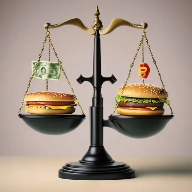Two scales balance currencies against a Big Mac basket illustrating PPP comparison