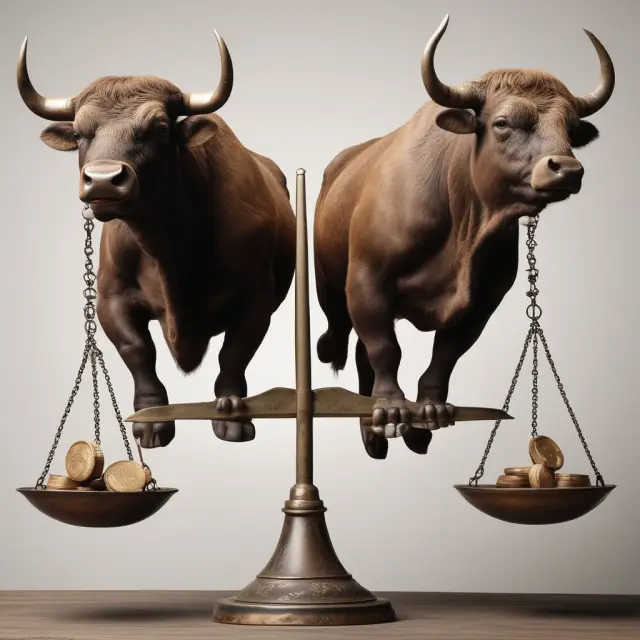 A bull and bear on a balance scale represent parity price in the foreign exchange market, where each currency is of equal worth