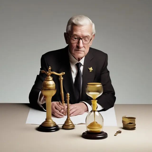 A retiring minister calculating their housing allowance using a golden ledger and an hourglass, reflecting the IRS guidelines for tax-exempt benefits.