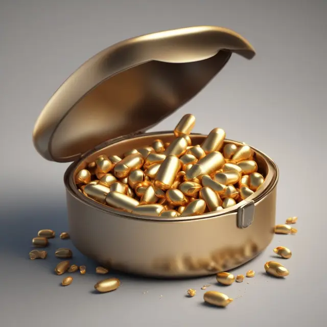 Golden pill bursts from time capsule, symbolizing the use of participating preferred stock as a poison pill against hostile takeovers