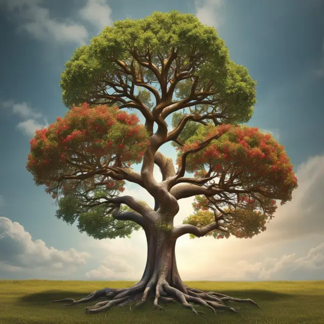 Two trees with intertwining roots represent whole life and universal life participating policies. Dividends are depicted as fruit on the branches.