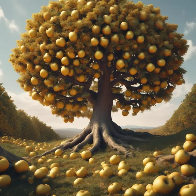 An image of an apple tree filled with golden apples growing atop a hill symbolizing insurance policy dividends