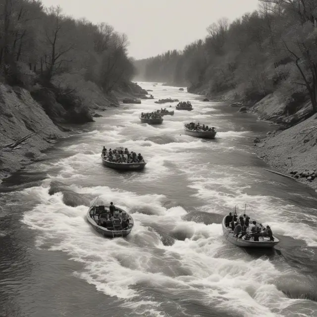 A river flowing through a landscape with generations depicted as distinct waves, illustrating changes in labor force participation over time
