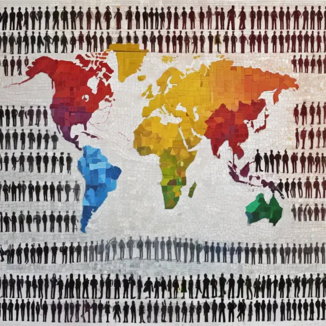 Colorful world map with human silhouette mosaics representing labor force participation rates in various countries.