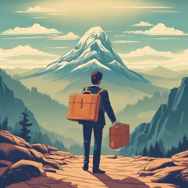 A person carries a large suitcase labeled 