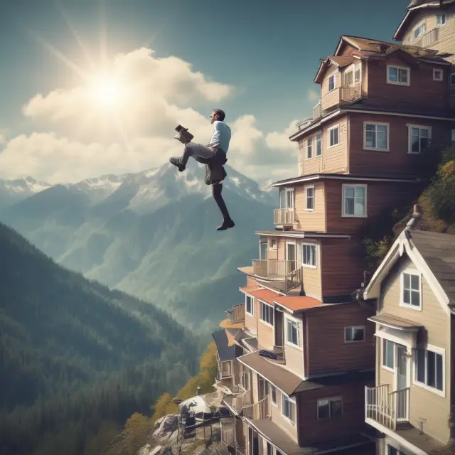 Real estate professional climbing a mountain of rental properties with a 