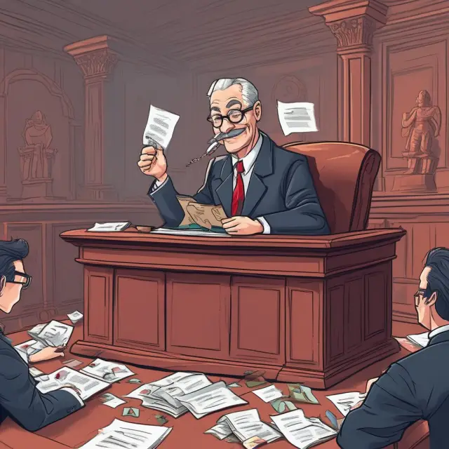 A quizmaster in a courtroom setting, surrounded by questions related to passive income and loss rules