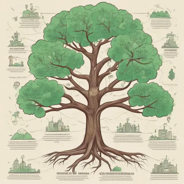 A blooming financial tree with roots symbolizing six passive income streams: rental properties, knowledge sharing, online sales, photography, P2P lending, and income-generating investments.