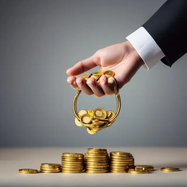 A wealthy hand releases golden coins from shackles representing employment, illustrating the concept of financial freedom from passive income