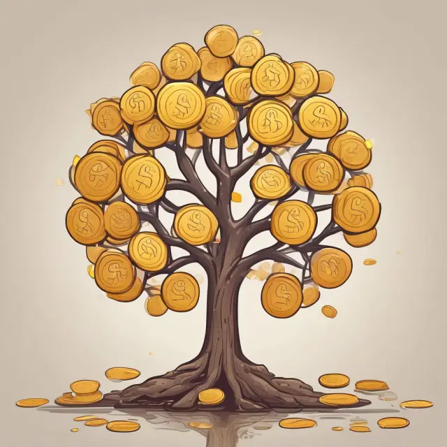 Golden coins represent passive income sources like rent and interest growing on a tree.