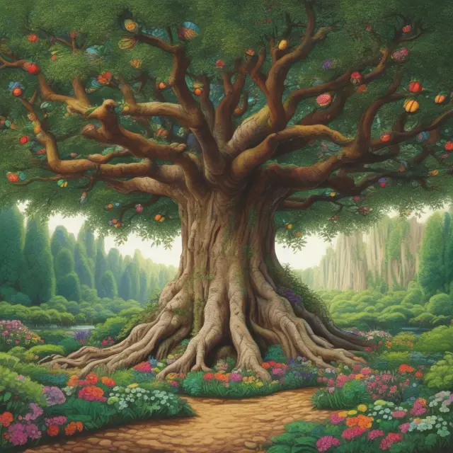 A vibrant garden filled with various index funds and ETFs growing around a central passive investment tree, symbolizing a well-diversified, long-term investment strategy.