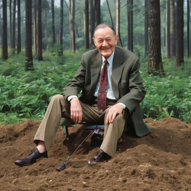 Jack Bogle planting the first index fund, evolving into an ETF forest symbolizing passive investing