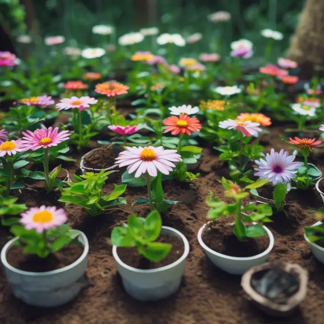 Three vibrant flowers representing index funds, ETFs, and mutual funds growing harmoniously in a well-tended garden, symbolizing long-term passive investment growth