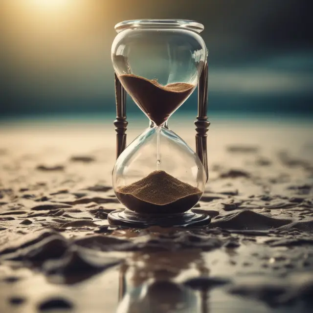 An hourglass with late fees and penalty interest overflowing from its cracks, symbolizing the negative consequences of missed payments on financial standing