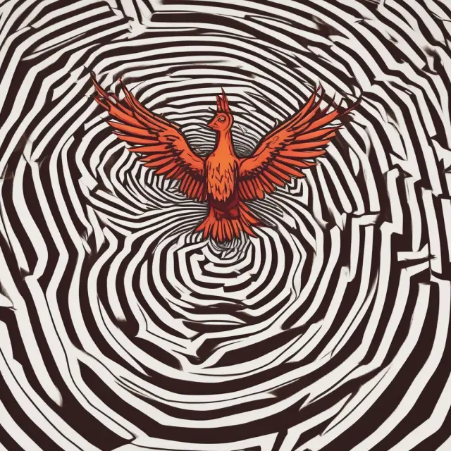 Phoenix emerging from a labyrinth of debts, illustrating the journey towards financial recovery