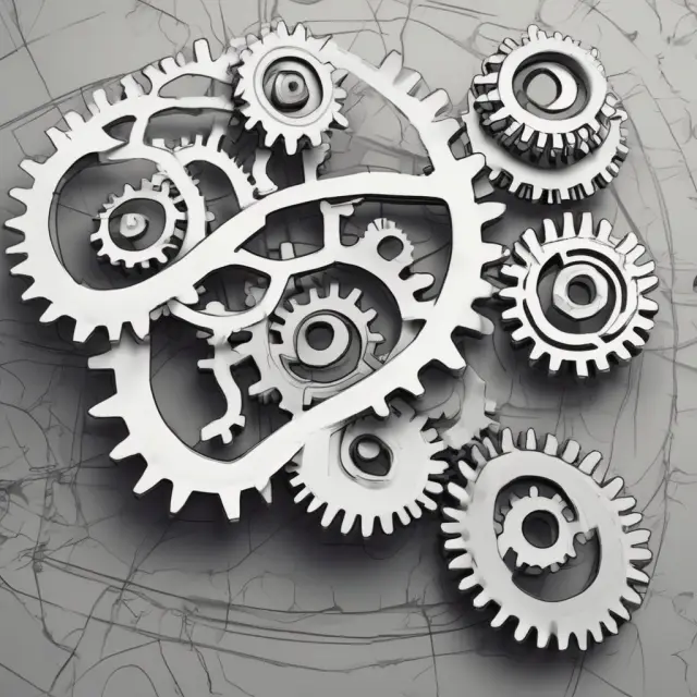 Three interlocking gears represent patent (processes), trademark (symbols), and copyright (creativity) safeguarding IP.