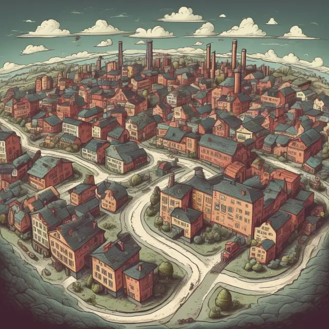 A town developing around factories, representing the persistent impact of historical preference and reluctance to change in industries