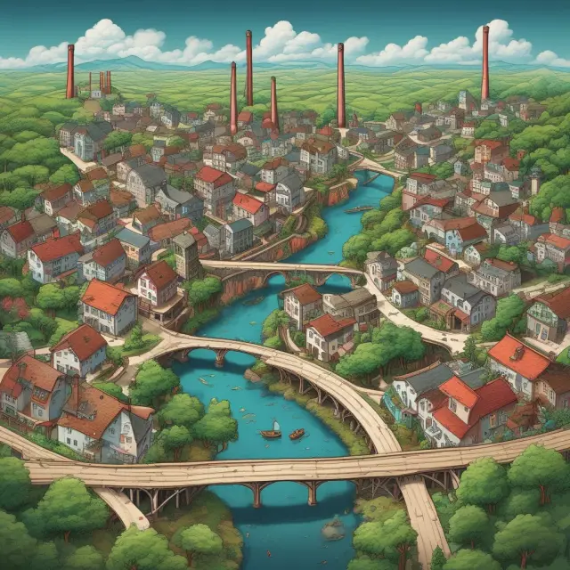 An image of a factory with its smokestacks surrounded by a growing town, symbolizing the strong bond between the factory and the community due to path dependency.