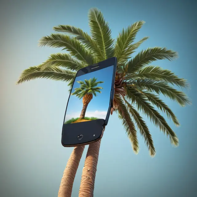 Palm tree holding onto Palm Pilot PDAs while a wave of smartphones approaches, emphasizing business resistance to change