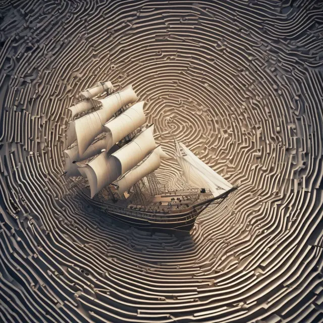 A sailing ship braving a maze of technological currents, demonstrating business adaptability to path dependency